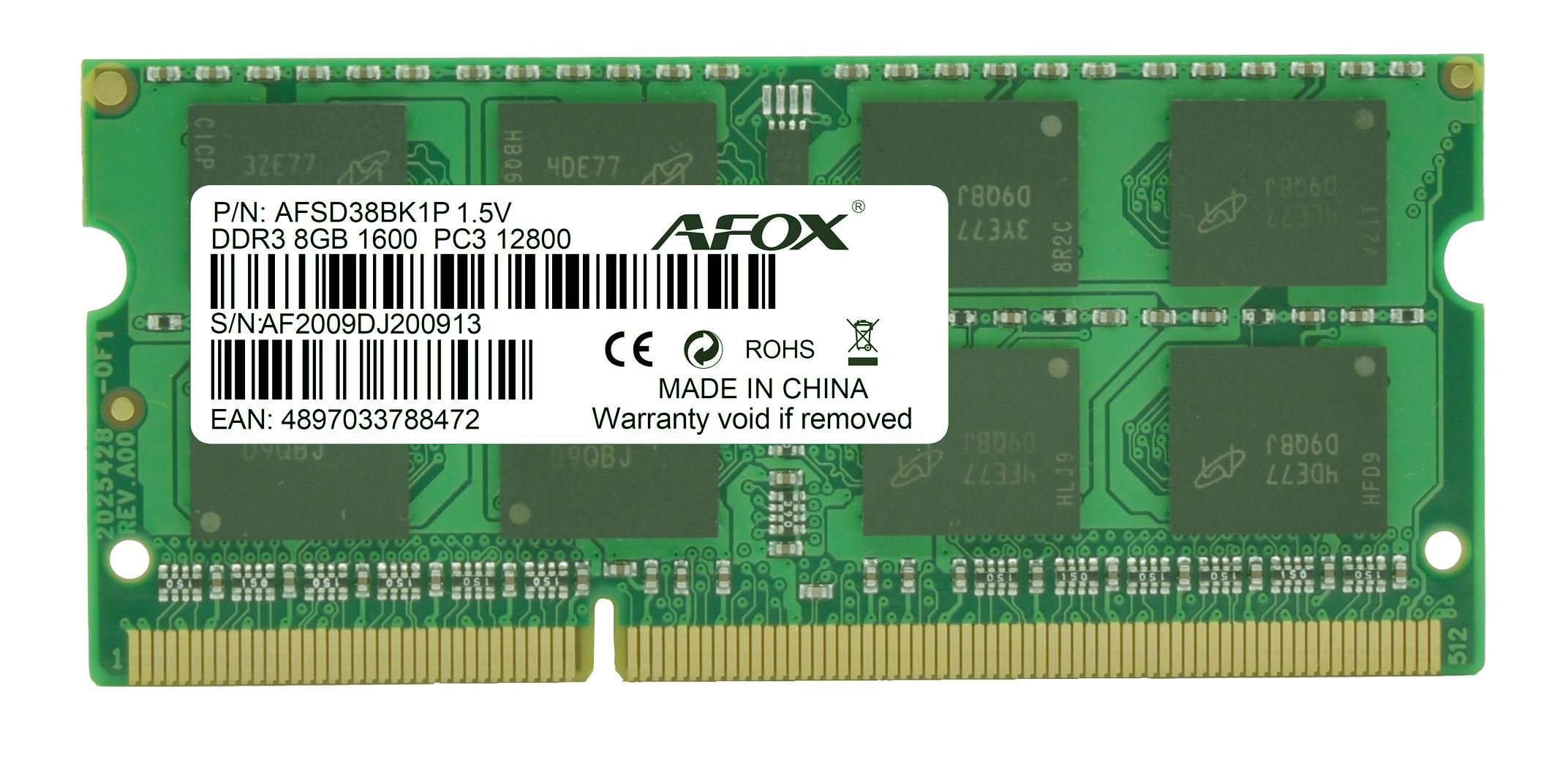 AFOX AFSD38BK1P 8GB 1600Mhz DDR3 SODIMM Notebook RAM