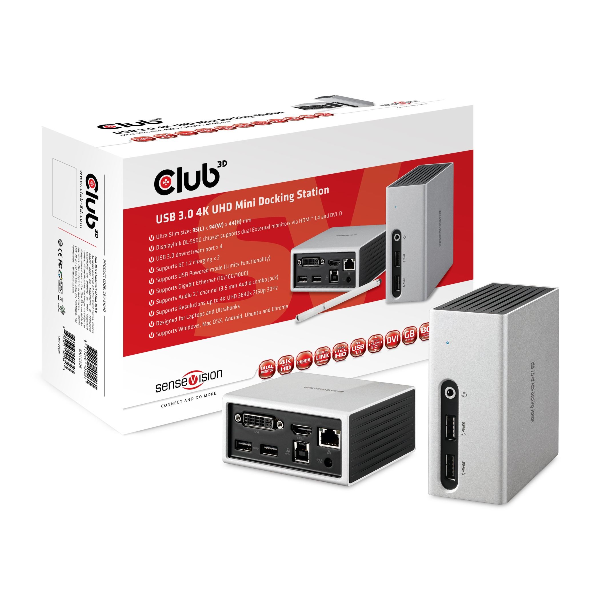 CLUB3D CSV-3104D USB3.0, 4K UHD Mini Yerleştirme İstasyonu Çoklayıcı