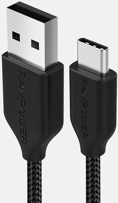 RAVPOWER RP-CB017 1 m USB-A Type-C Naylon/Çelik Örgülü Şarj/Data Kablosu Siyah +