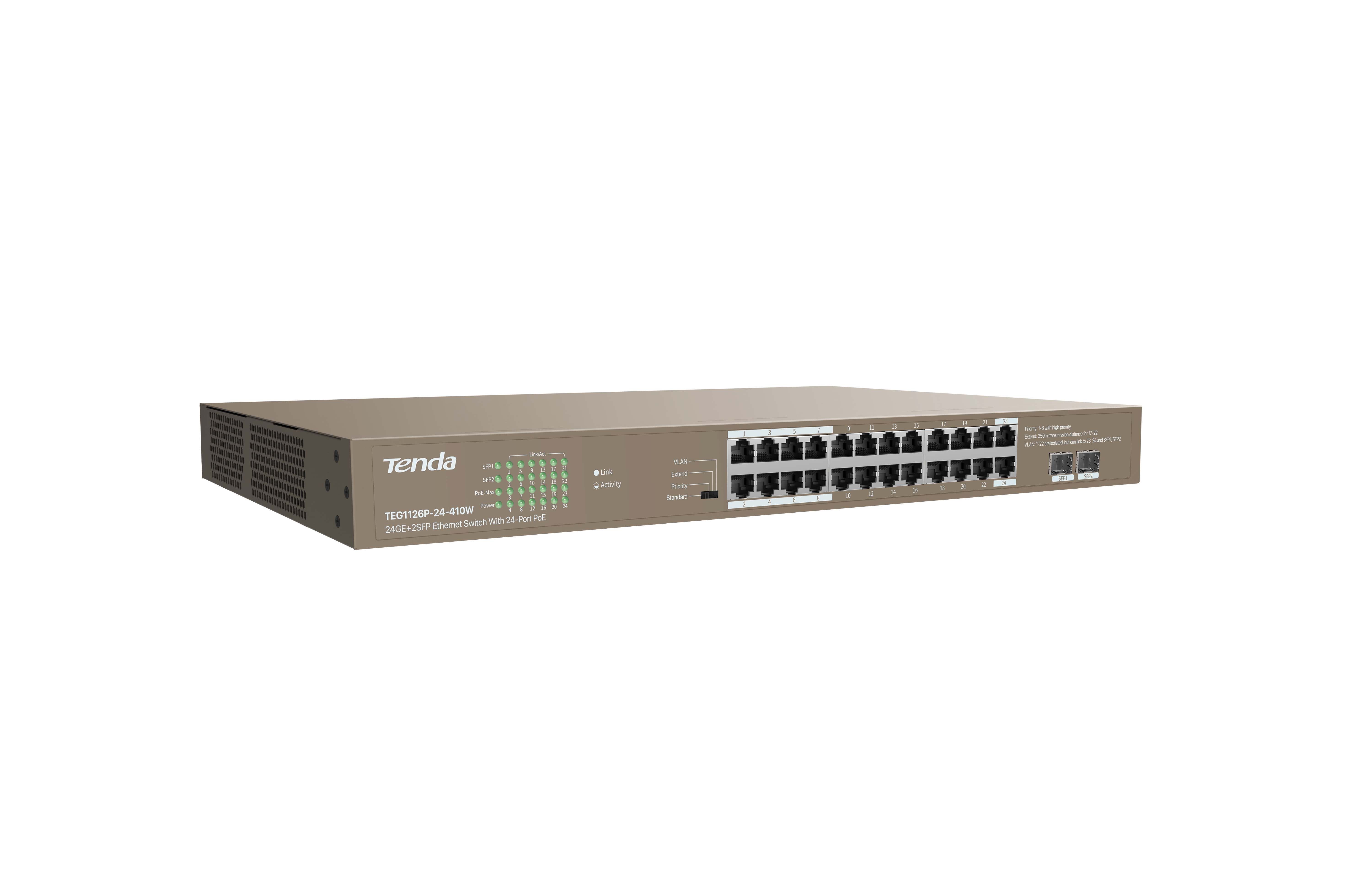 TENDA TEG1126P-24-410W TEG1126P-24-410W 24GE+2SFP Ethernet Switch With 24-Port PoE